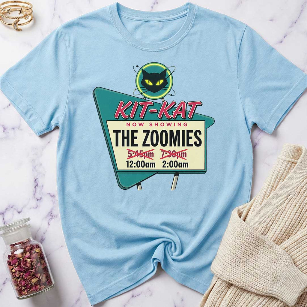 Light blue t-shirt with a movie poster graphic on a marble surface.