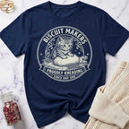 Navy blue t-shirt with a cat graphic and text on a marble surface.