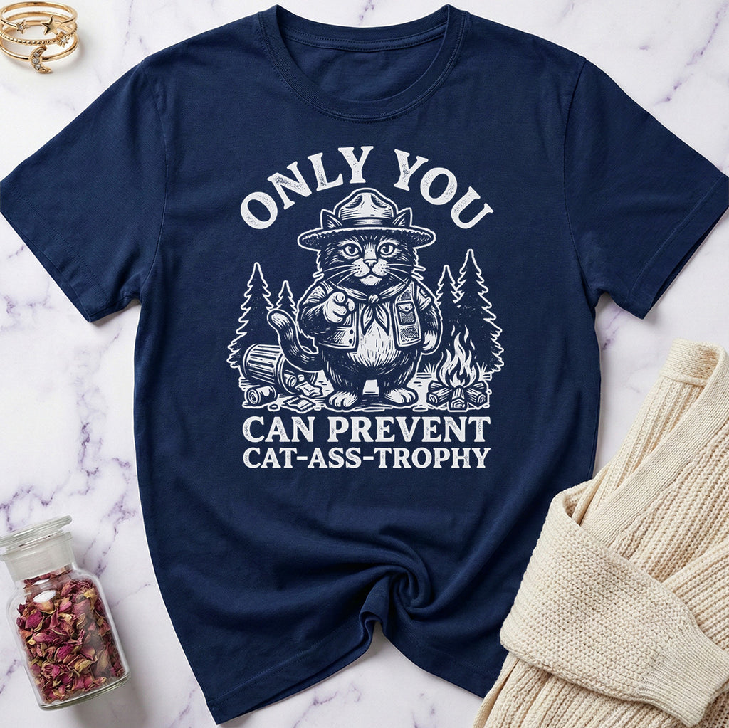 Navy blue t-shirt with a graphic of a cat in a hat and the text 'Only you can prevent cat-ass-trophy' on a marble surface.