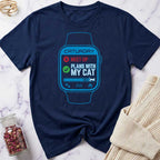 Navy blue t-shirt with a graphic of a smartwatch and text on a marble surface.