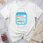 White t-shirt with a graphic of a digital watch on a marble surface